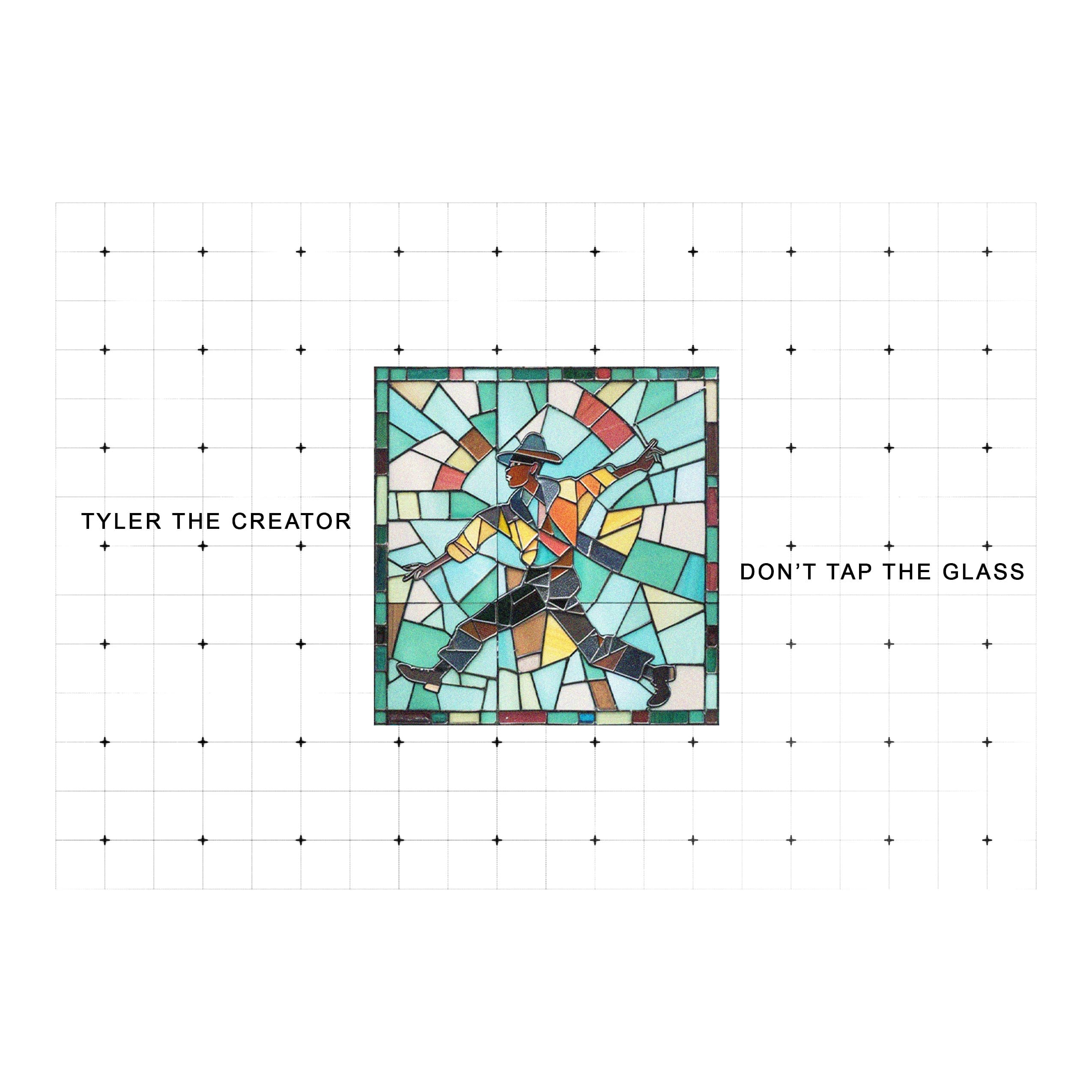 Square concept cover: a stained glass mosaic of a dancing figure in a wide-brim hat, set on white with a faint drafting grid and the artist and title in small type
