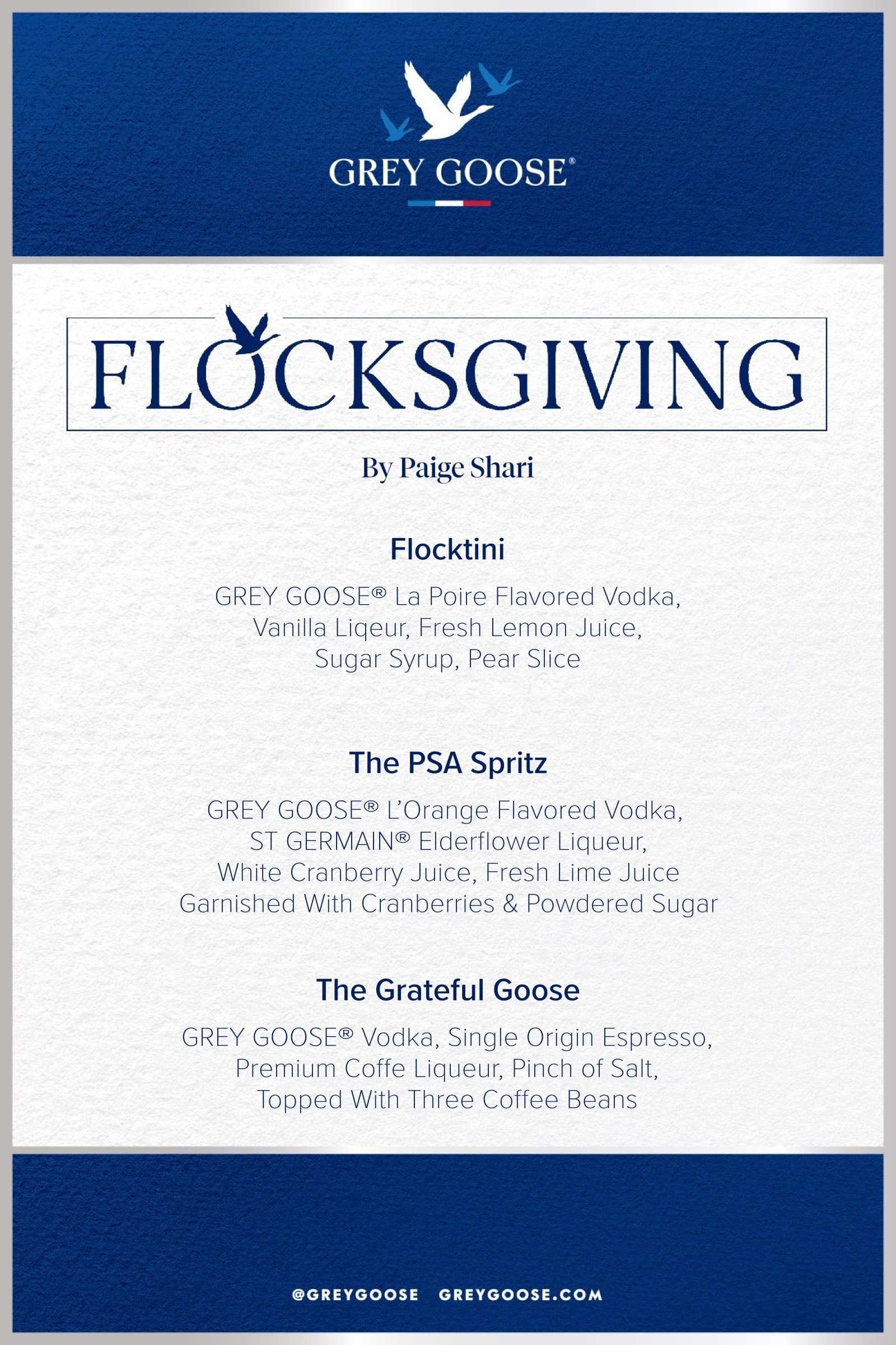 Flocksgiving by Paige Shari drink menu listing the Flocktini, PSA Spritz, and Grateful Goose cocktails