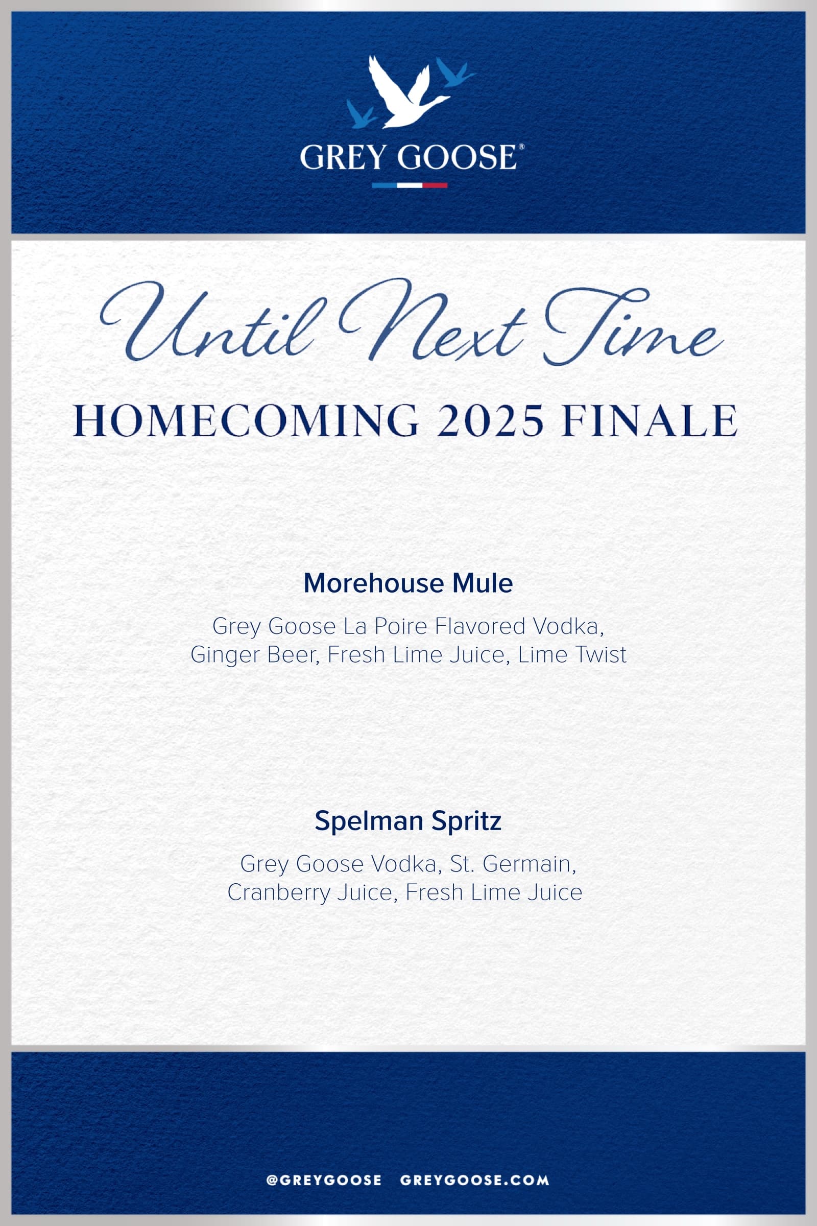 Second Homecoming 2025 menu in the Grey Goose blue and cream system