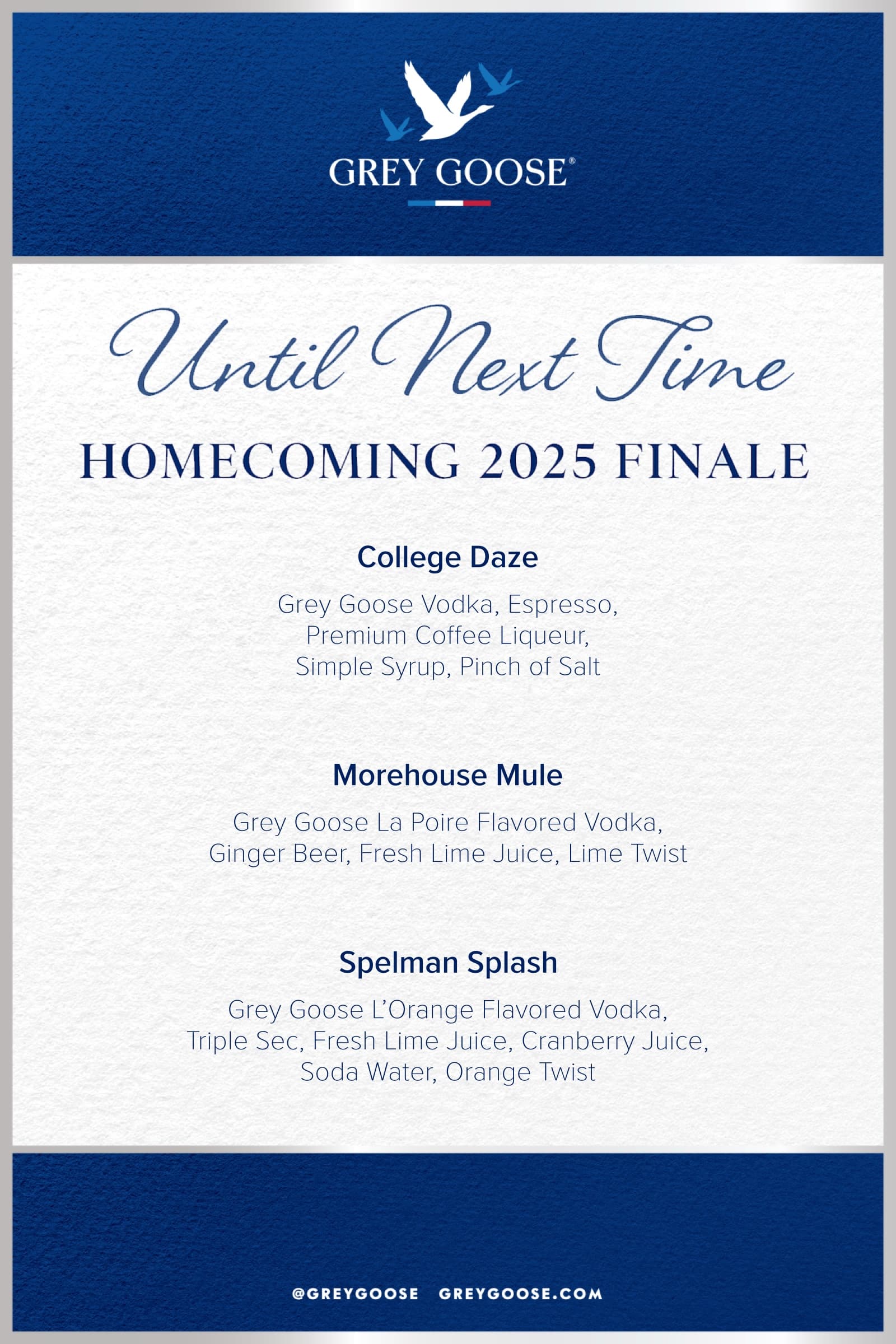Homecoming 2025 finale menu titled Until Next Time, listing the College Daze, Morehouse Mule, and Spelman Splash cocktails