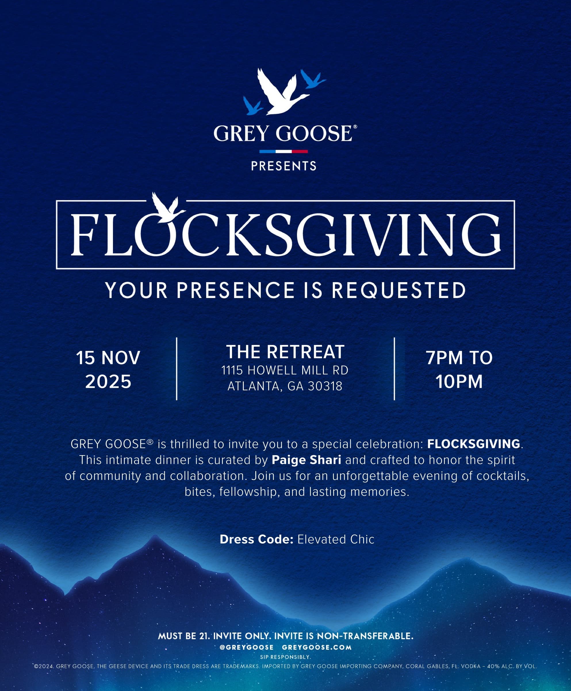 Flocksgiving invite on midnight blue: Grey Goose presents Flocksgiving, your presence is requested, 15 Nov 2025 at The Retreat, Atlanta