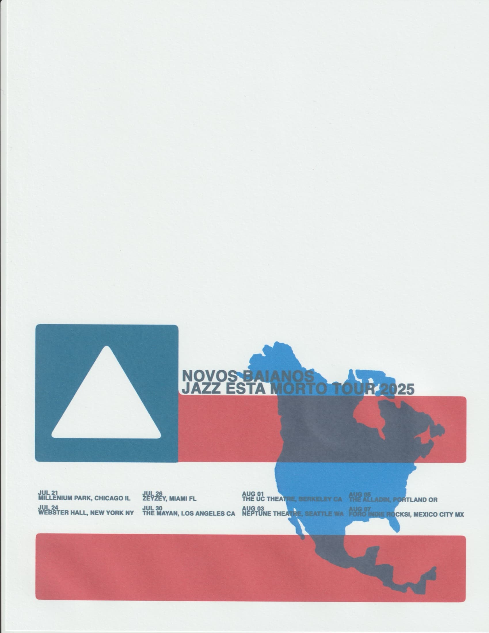 Tour poster: a blue map of North America over red and white stripes, with the Brazilian flag's triangle and rows of tour dates